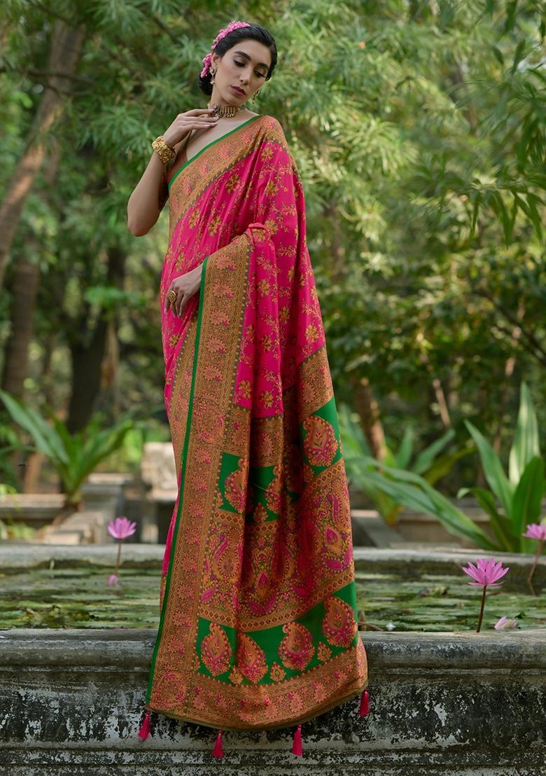 Pink Meenakari Zari Weaving Pashmina Silk Saree Set