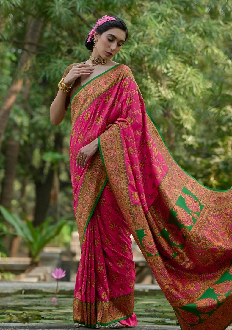 Pink Meenakari Zari Weaving Pashmina Silk Saree Set