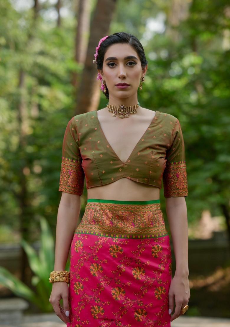 Pink Meenakari Zari Weaving Pashmina Silk Saree Set