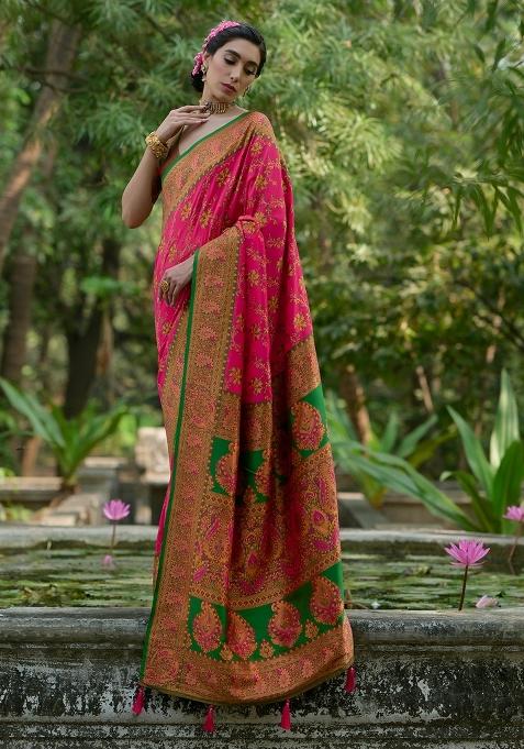 Pink Meenakari Zari Weaving Pashmina Silk Saree Set