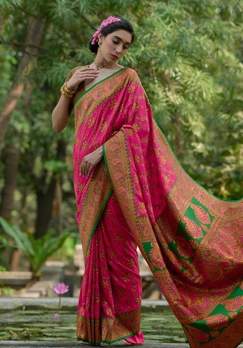 Pink Meenakari Zari Weaving Pashmina Silk Saree Set