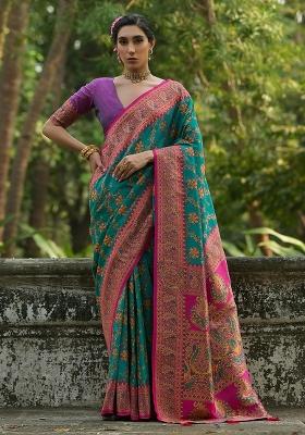 Rama Meenakari Zari Weaving Pashmina Silk Saree Set