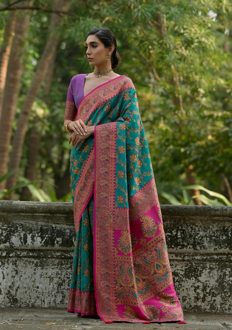 Rama Meenakari Zari Weaving Pashmina Silk Saree Set