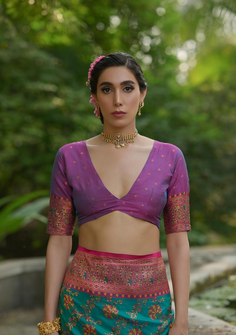 Rama Meenakari Zari Weaving Pashmina Silk Saree Set