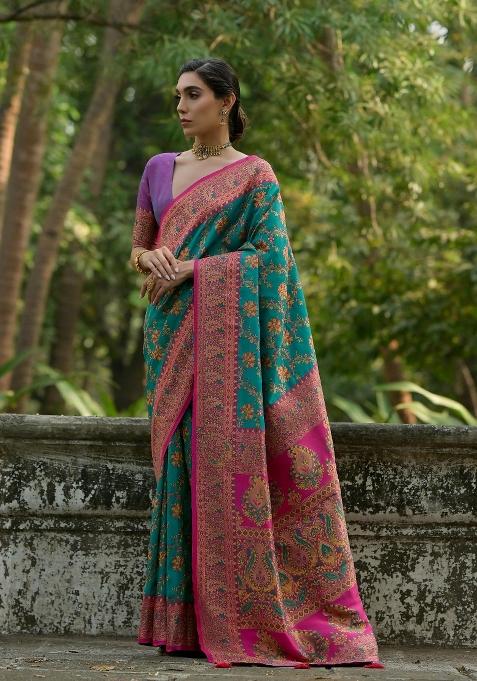 Rama Meenakari Zari Weaving Pashmina Silk Saree Set