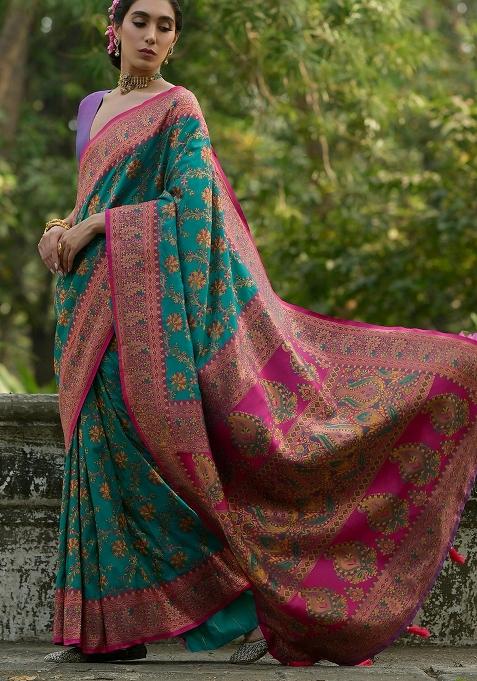 Rama Meenakari Zari Weaving Pashmina Silk Saree Set