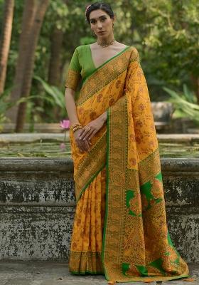 Yellow Meenakari Zari Weaving Pashmina Silk Blend Saree Set