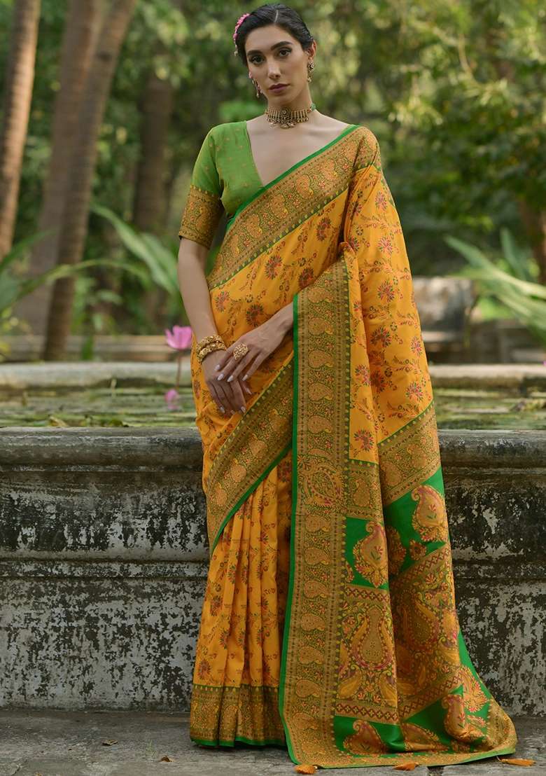 Yellow Meenakari Zari Weaving Pashmina Silk Blend Saree Set for Diwali and Festive Wear - Indya