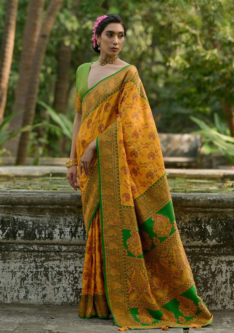 Yellow Meenakari Zari Weaving Pashmina Silk Blend Saree Set for Diwali and Festive Wear - Indya