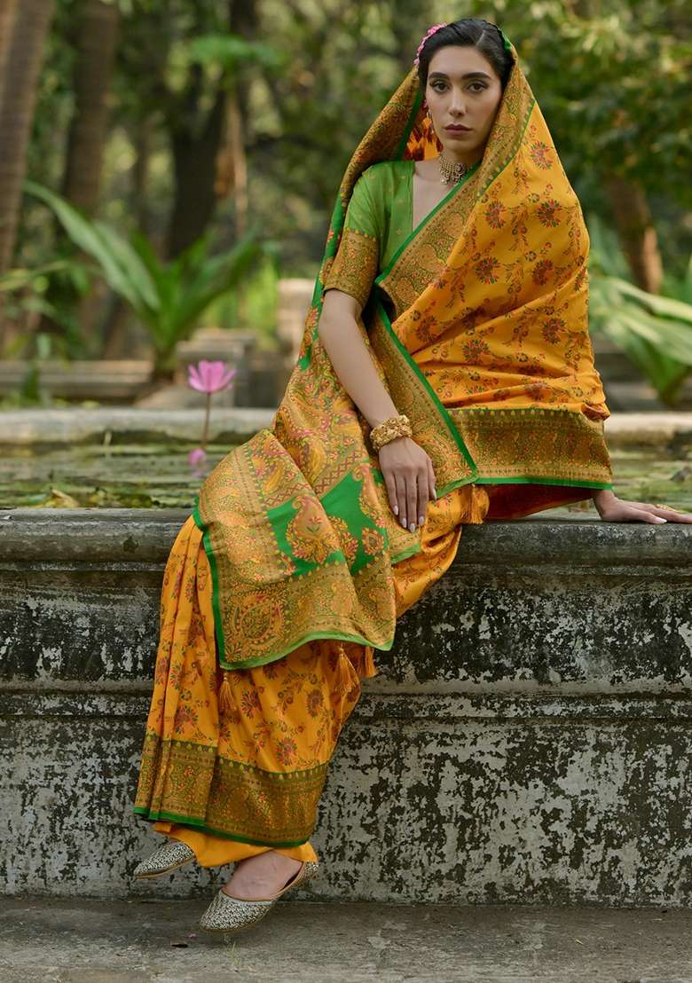 Yellow Meenakari Zari Weaving Pashmina Silk Blend Saree Set for Diwali and Festive Wear - Indya