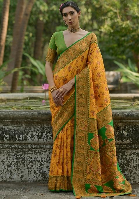 Yellow Meenakari Zari Weaving Pashmina Silk Saree Set