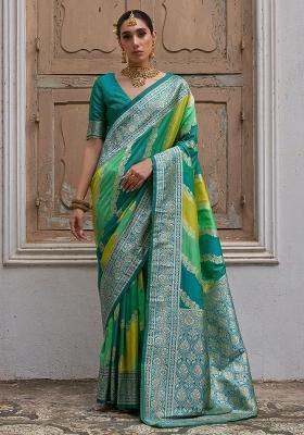 Green Embroidered Banarasi Silk Saree Set