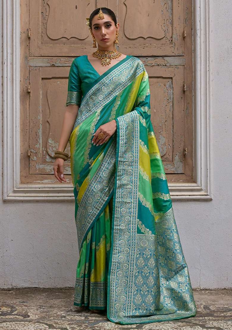 Green Embroidered Banarasi Silk Blend Saree Set for Diwali and Festive Wear - Indya