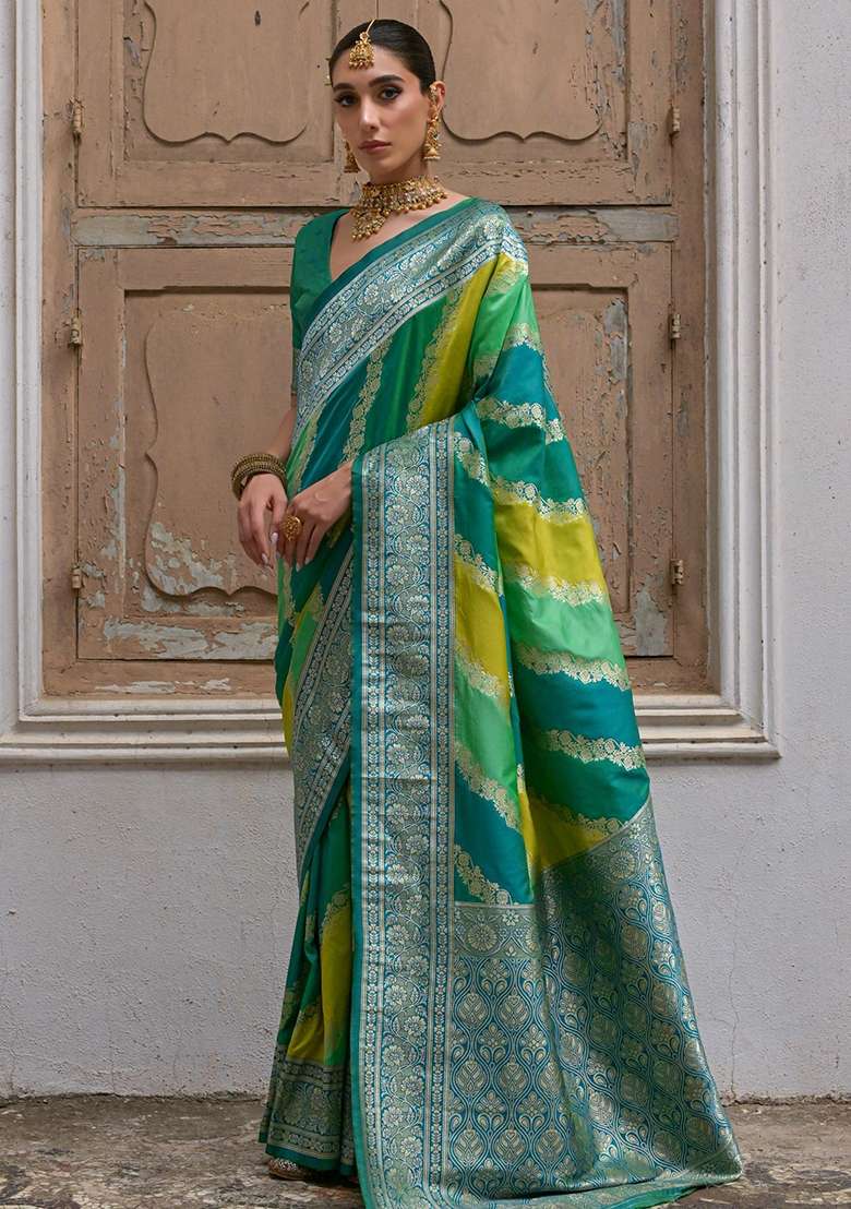 Green Embroidered Banarasi Silk Blend Saree Set for Diwali and Festive Wear - Indya
