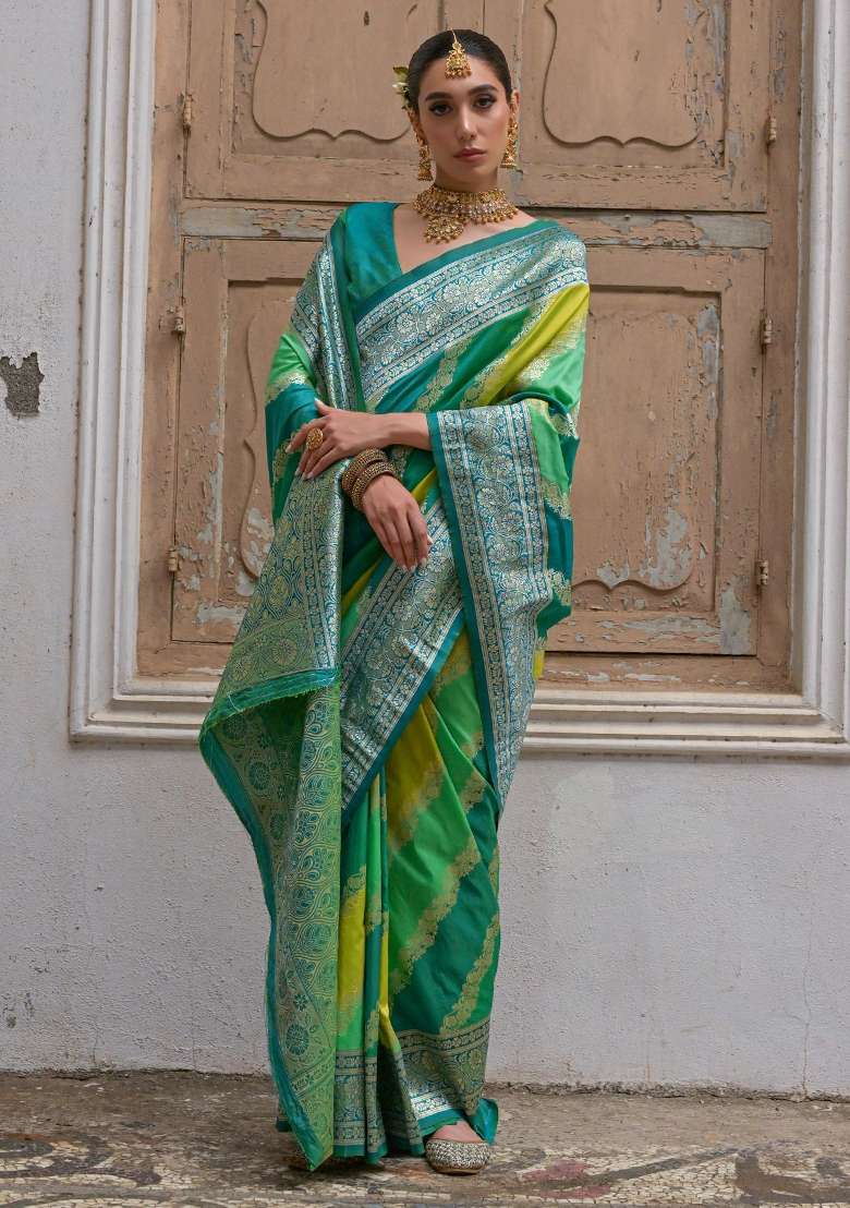 Green Embroidered Banarasi Silk Blend Saree Set for Diwali and Festive Wear - Indya