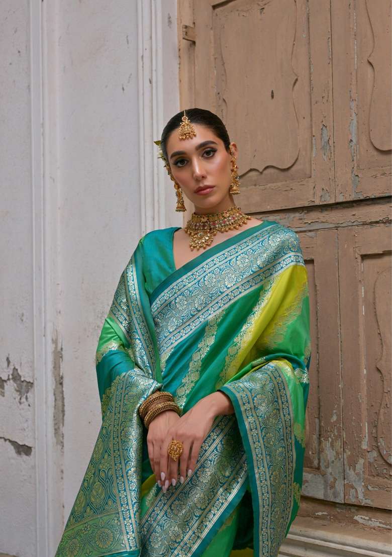 Green Embroidered Banarasi Silk Blend Saree Set for Diwali and Festive Wear - Indya