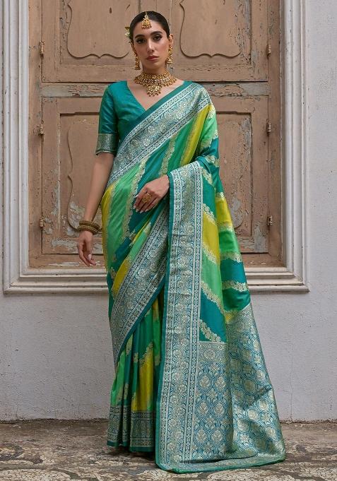 Green Embroidered Banarasi Silk Saree Set