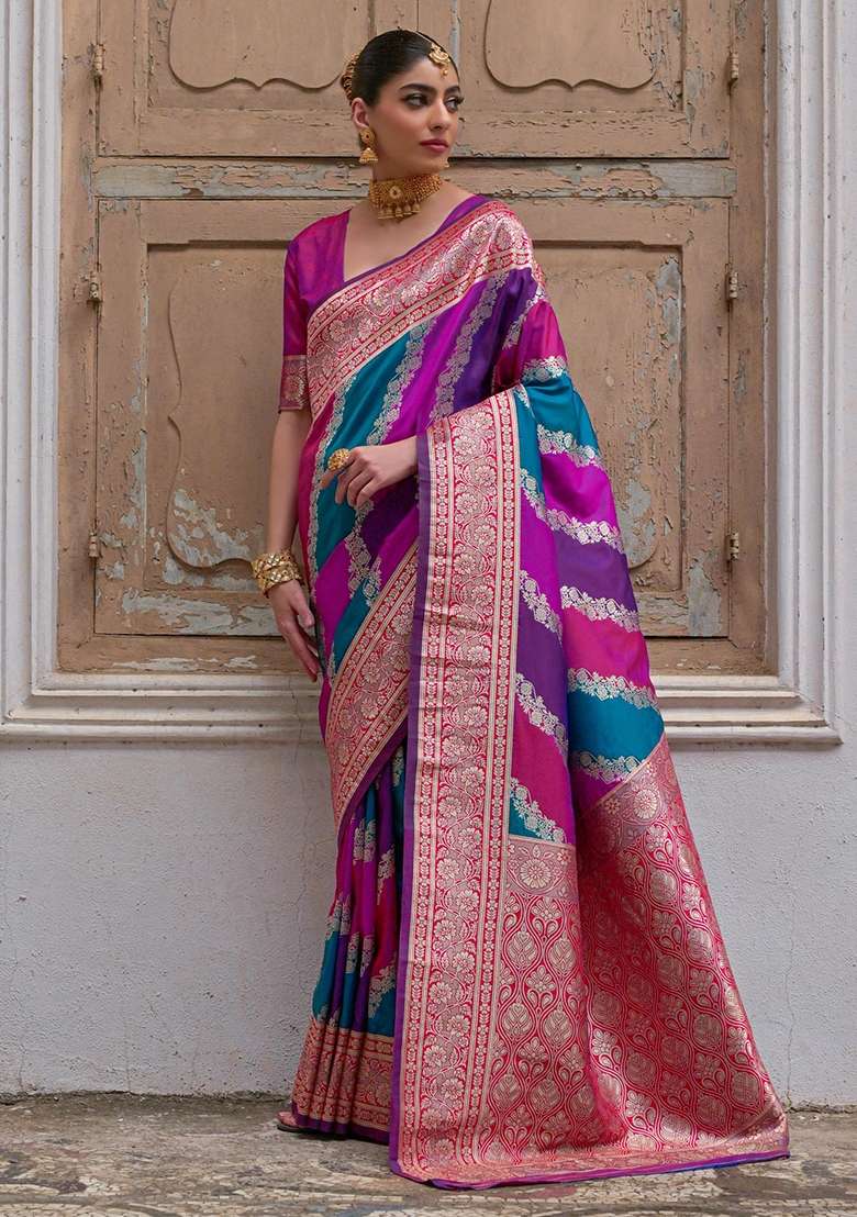 Pink Embroidered Banarasi Silk Blend Saree Set for Diwali and Festive Wear - Indya