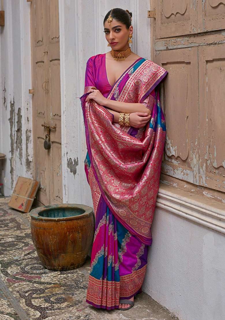 Pink Embroidered Banarasi Silk Blend Saree Set for Diwali and Festive Wear - Indya