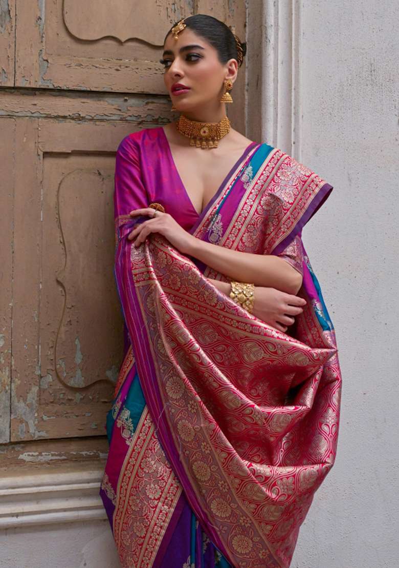 Pink Embroidered Banarasi Silk Blend Saree Set for Diwali and Festive Wear - Indya