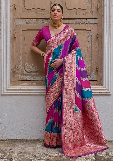 Pink Embroidered Banarasi Silk Saree Set