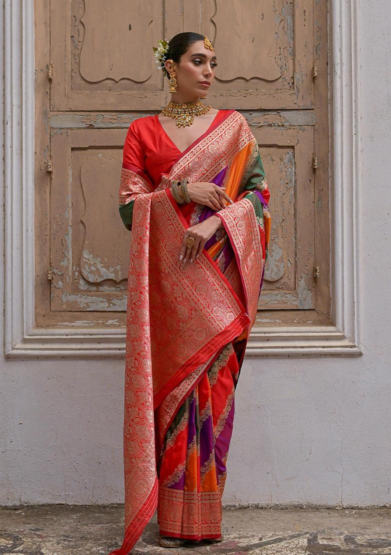 Red Embroidered Banarasi Silk Saree Set