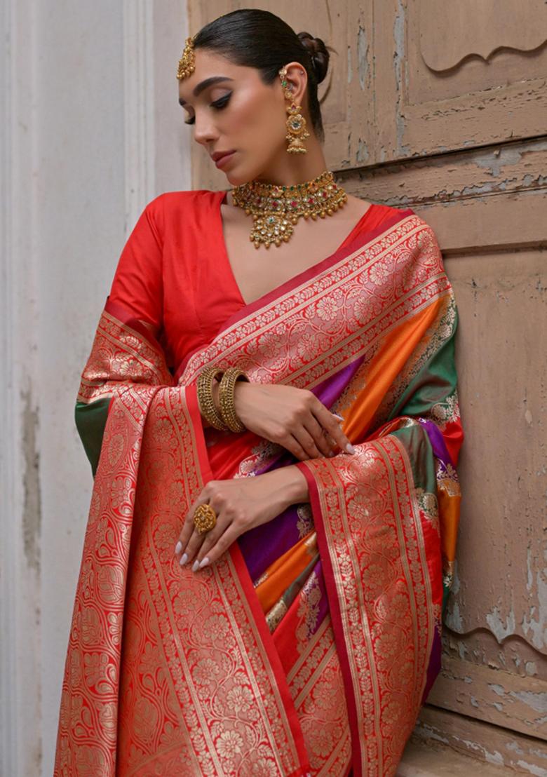 Red Embroidered Banarasi Silk Saree Set