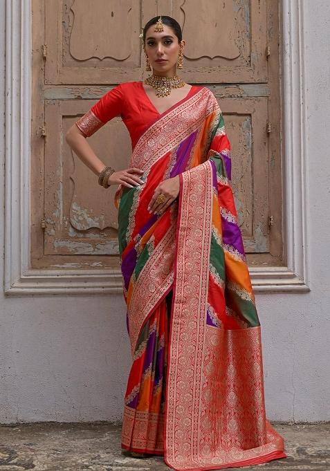 Red Embroidered Banarasi Silk Saree Set