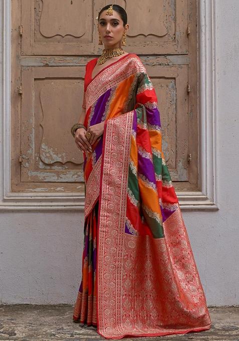 Red Embroidered Banarasi Silk Saree Set