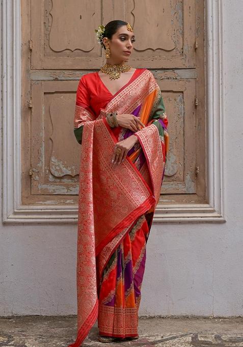 Red Embroidered Banarasi Silk Saree Set