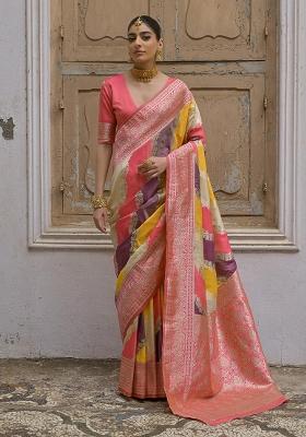 Yellow Embroidered Banarasi Silk Blend Saree Set