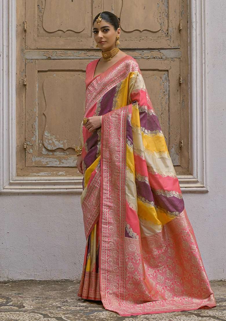 Yellow Embroidered Banarasi Silk Blend Saree Set for Diwali and Festive Wear - Indya