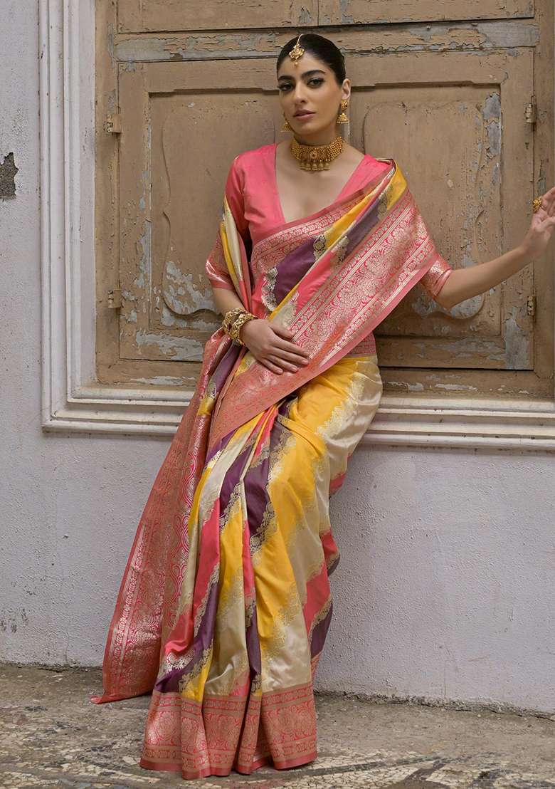 Yellow Embroidered Banarasi Silk Blend Saree Set for Diwali and Festive Wear - Indya