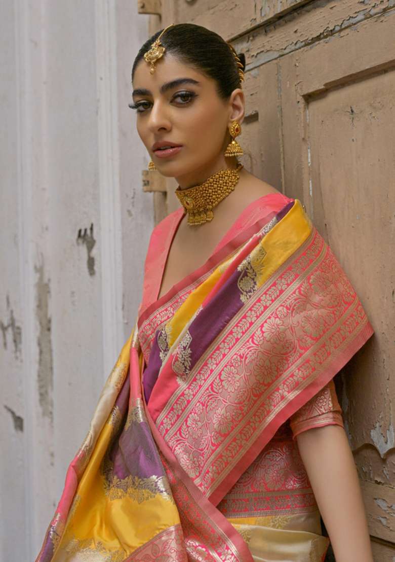 Yellow Embroidered Banarasi Silk Blend Saree Set for Diwali and Festive Wear - Indya