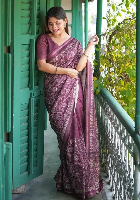 Dusty Pink Embroidered Tussar Silk Saree Set