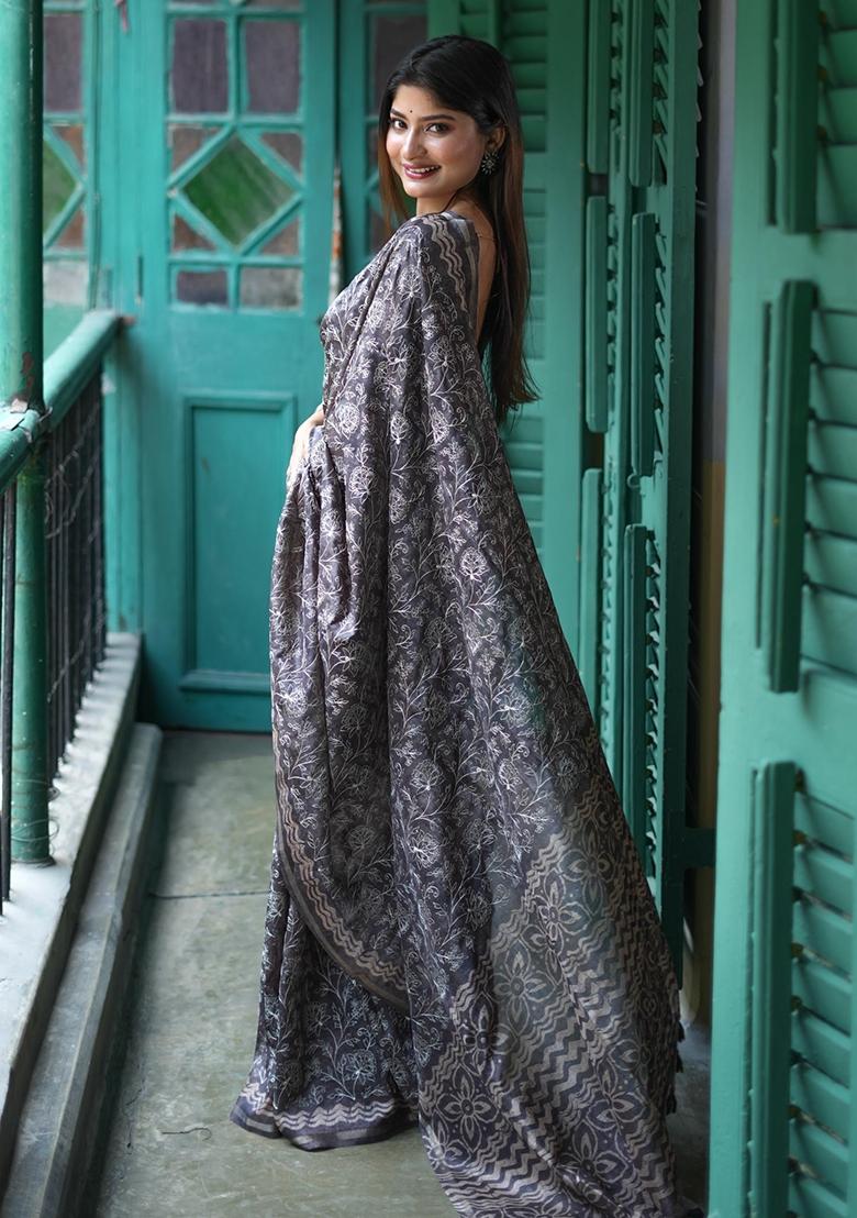 Black Embroidered Tussar Silk Saree Set