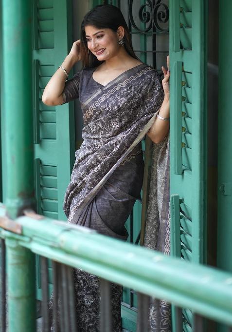 Black Embroidered Tussar Silk Saree Set