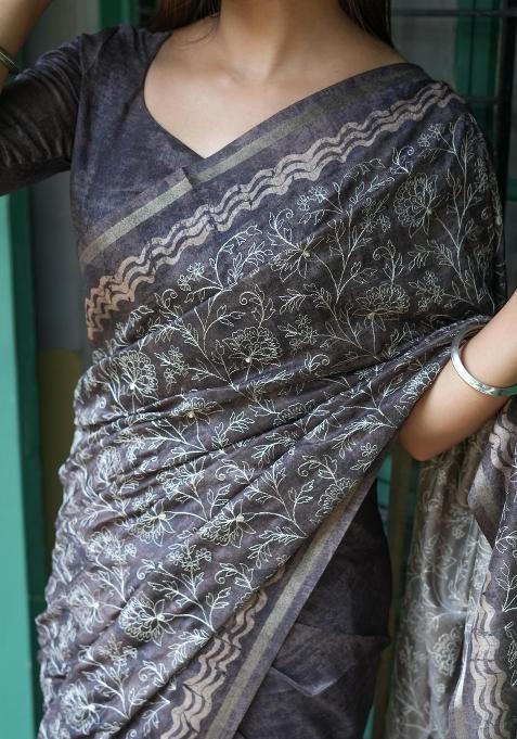 Black Embroidered Tussar Silk Saree Set
