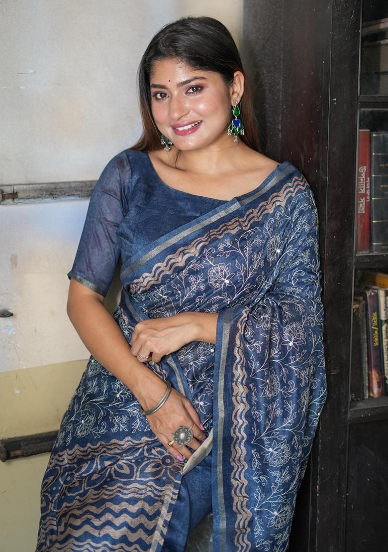 Blue Embroidered Tussar Silk Saree Set