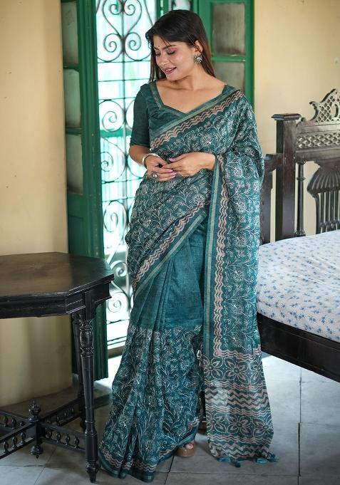 Green Embroidered Tussar Silk Saree Set