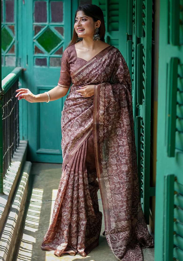Brown Embroidered Tussar Silk Blend Saree Set for Diwali and Festive Wear - Indya