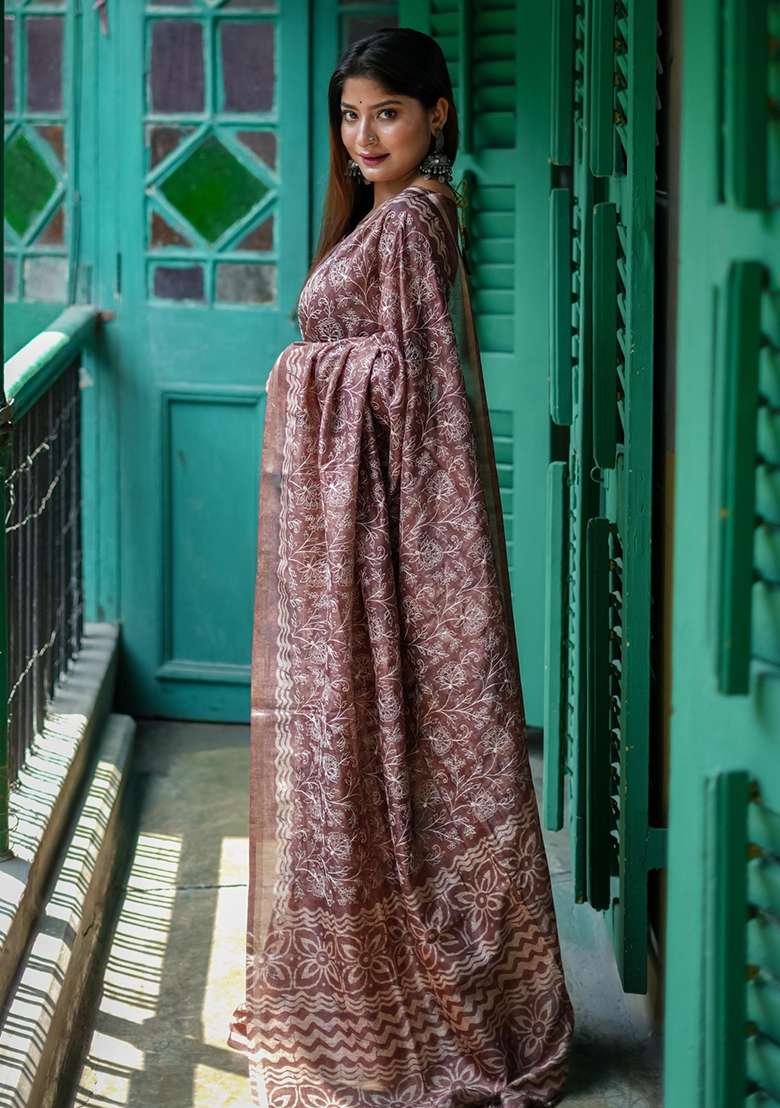 Brown Embroidered Tussar Silk Blend Saree Set for Diwali and Festive Wear - Indya