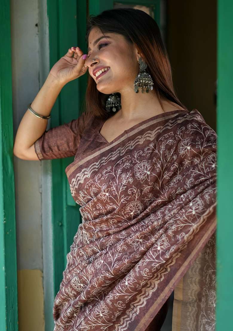 Brown Embroidered Tussar Silk Blend Saree Set for Diwali and Festive Wear - Indya
