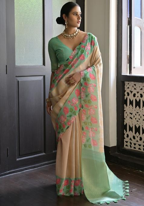 Green Printed Silk Saree Set