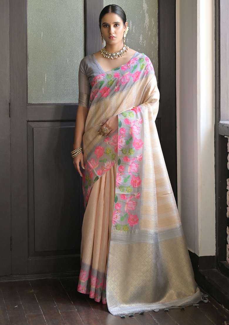Grey Printed Silk Blend Saree Set for Diwali and Festive Wear - Indya