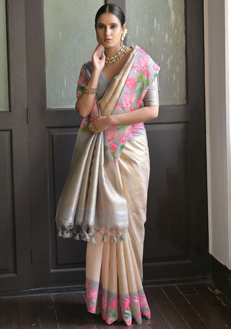 Grey Printed Silk Blend Saree Set for Diwali and Festive Wear - Indya
