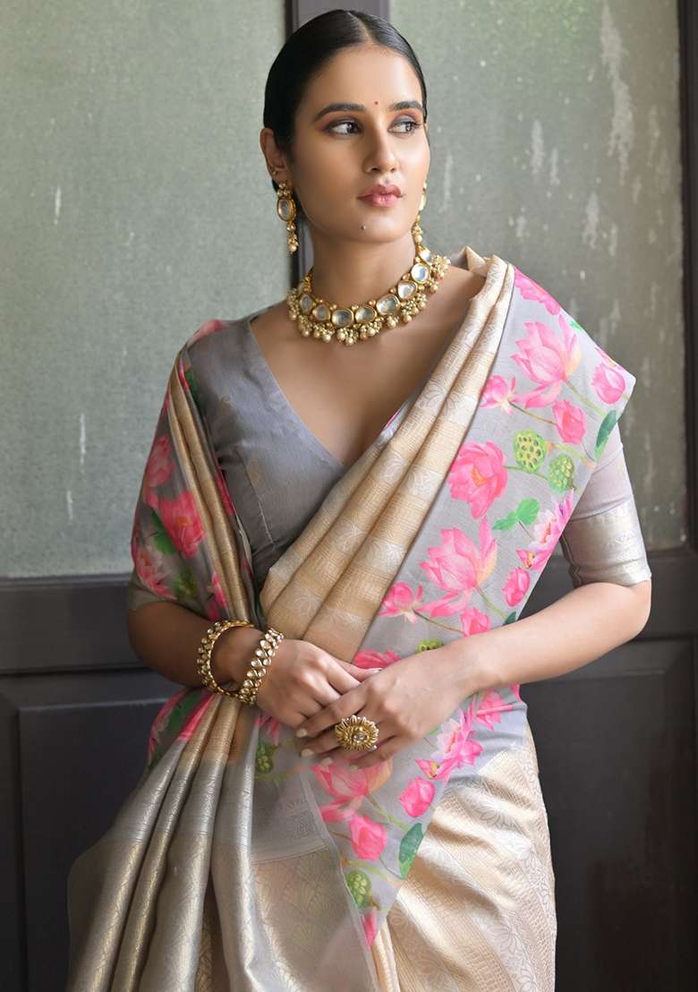 Grey Printed Silk Blend Saree Set for Diwali and Festive Wear - Indya