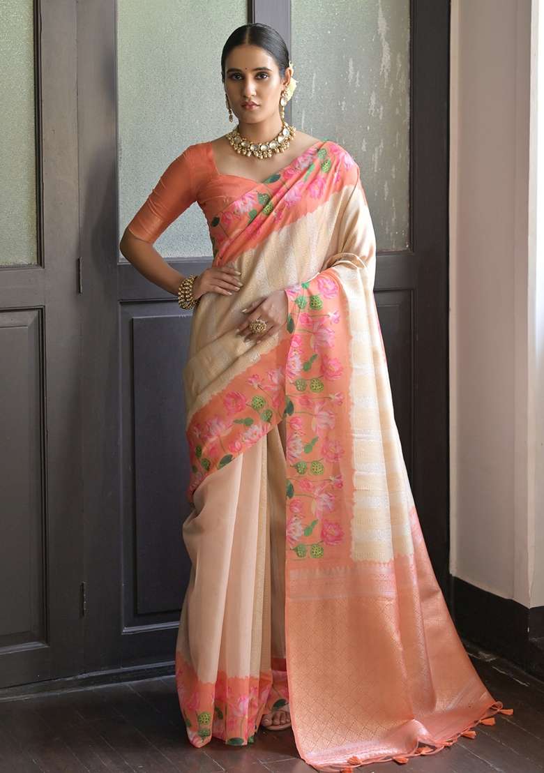 Orange Printed Silk Blend Saree Set for Diwali and Festive Wear - Indya