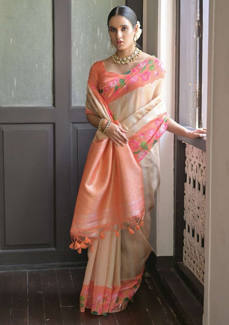 Orange Printed Silk Blend Saree Set for Diwali and Festive Wear - Indya