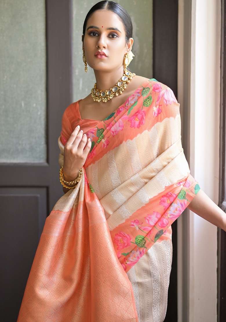 Orange Printed Silk Blend Saree Set for Diwali and Festive Wear - Indya
